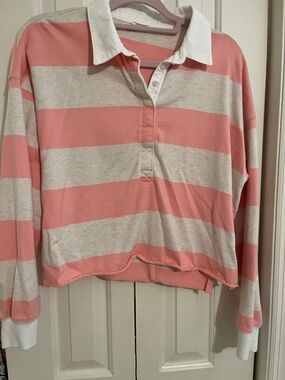 Aerie Striped Rugby Polo in Pink and Cream cotton medium